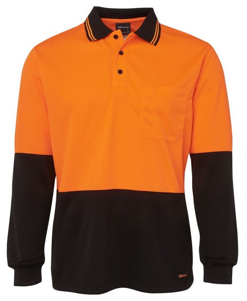 6HVPL Hi Vis Long Sleeve Traditional Polo Orange Black