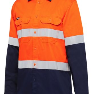 K54025 KingGee Vented Spliced Drill LS Shirt with Tape Orange Navy Front