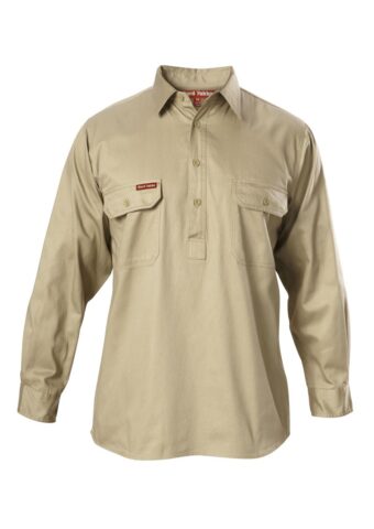 Y07530 Hard Yakka Foundations Cotton Drill Closed Front LS Shirt Khaki Front