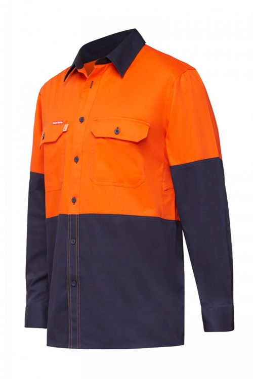 Y07730 Hard Yakka Koolgear Ventilated Hi Vis LS Shirt Orange Navy Front