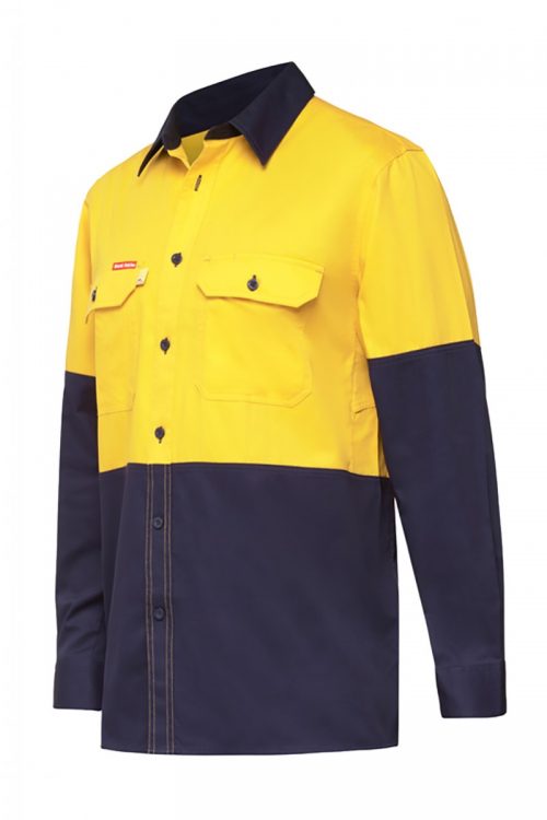 Y07730 Hard Yakka Koolgear Ventilated Hi Vis LS Shirt Yellow Navy Front