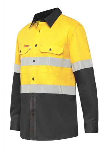 Y07740 Hard Yakka Koolgear Ventilated Hi Vis LS Shirt with Tape Yellow Charcoal Front