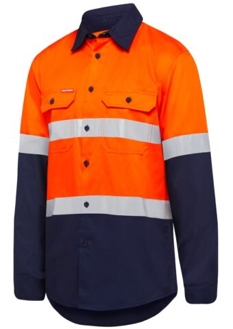Y07940 Hard Yakka 2 Tone Taped Vented LS Shirt Orange Navy Front