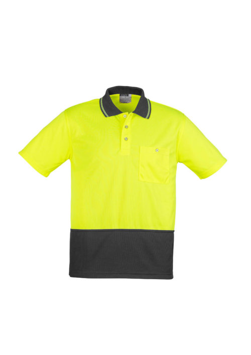 ZH231 Hi Vis Basic Spliced Short Sleeve Polo Yellow Charcoal Front