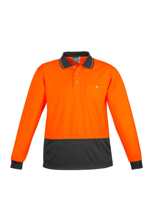 ZH232 Hi Vis Basic Spliced Long Sleeve Polo Orange Charcoal Front