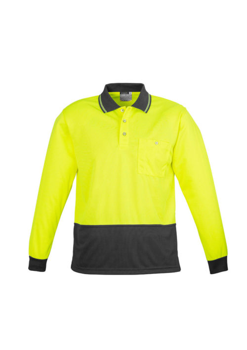 ZH232 Hi Vis Basic Spliced Long Sleeve Polo Yellow Charcoal Front
