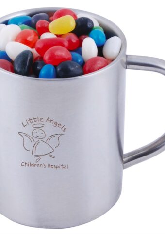 Assorted Colour Mini Jelly Beans in Double Wall Stainless Steel Barrel Mug