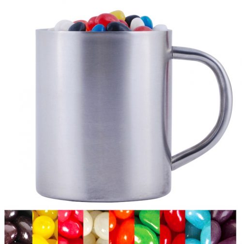 Assorted Colour Mini Jelly Beans in Double Wall Stainless Steel Barrel Mug B