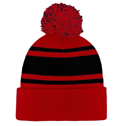 B1900 Headwear24 Cuffed Knitted Pom Pom Beanie red black
