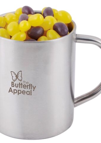 Corporate Colour Mini Jelly Beans in Stainless Steel Double Wall Barrel Mug