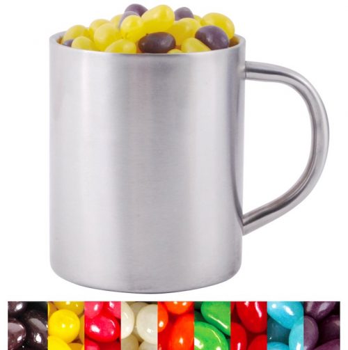 Corporate Colour Mini Jelly Beans in Stainless Steel Double Wall Barrel Mug B