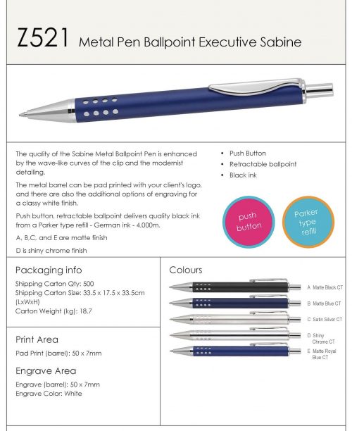Z521 Sabine Executive Metal Ballpoint Pen product flyer