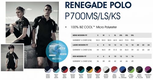 Renegade Polo Colours Size Guide