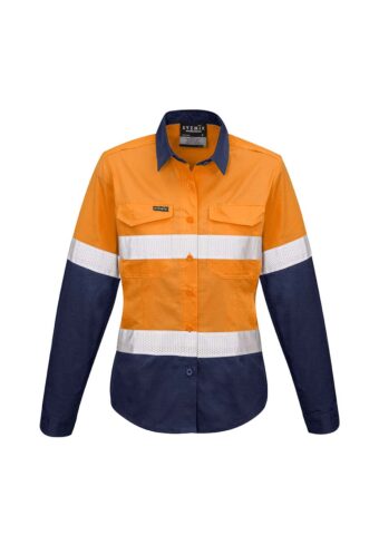 ZW720 Syzmik Womens Rugged Cooling Taped Hi Vis Spliced Shirt OrangeNavy F