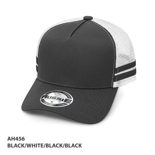 AH456 A Frame Striped Trucker Cap Black White Black Black