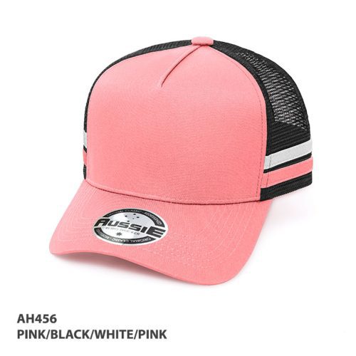 AH456 A Frame Striped Trucker Cap Pink Black White Pink
