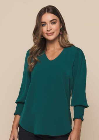 Gloweave 1803WZ Cleo V Neck Shirred Cuff Top emerald hero