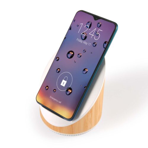 LL9465 Fresco Speaker & Wireless Charger AnglewithPhone