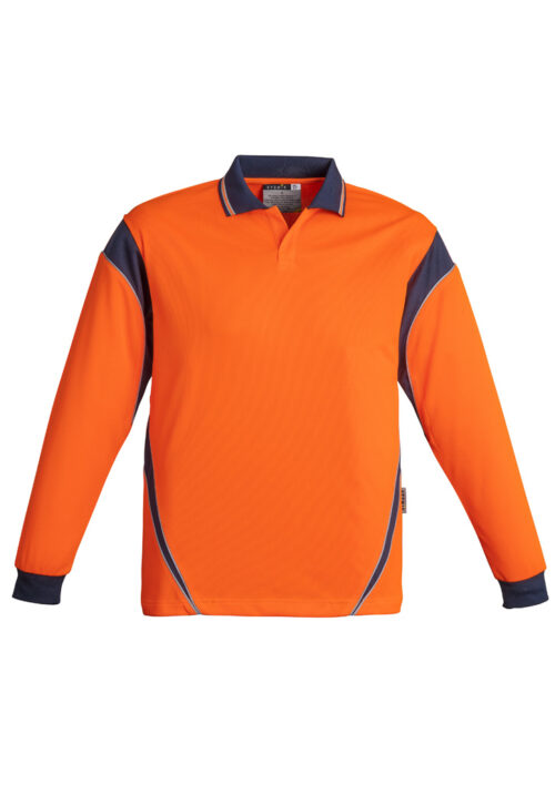 ZH249 Syzmik Hi Vis Aztec Long Sleeve Polo Orange Navy front