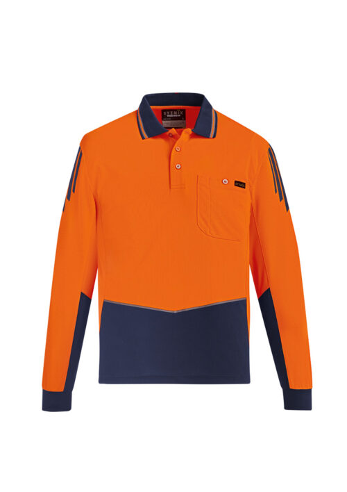 ZH310 Syzmik Hi Vis Flux Long Sleeve Polo Orange Navy front