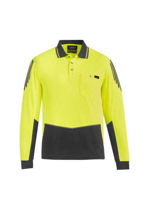 ZH310 Syzmik Hi Vis Flux Long Sleeve Polo Yellow Charcoal front