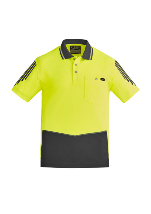 ZH315 Syzmik Hi Vis Flux Short Sleeve Polo Yellow Charcoal front