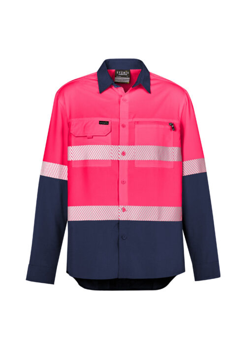 ZW470 Syzmik Mens Hi Vis Outdoor Segmented Tape Long Sleeve Shirt pink navy front