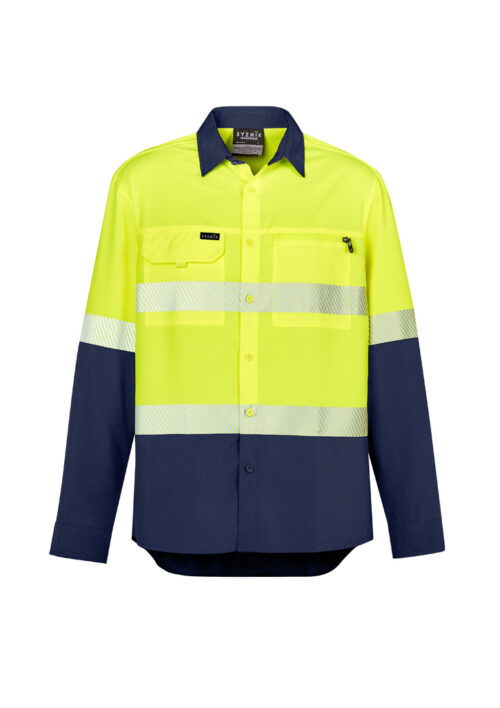 ZW470 Syzmik Mens Hi Vis Outdoor Segmented Tape Long Sleeve Shirt yellow navy front