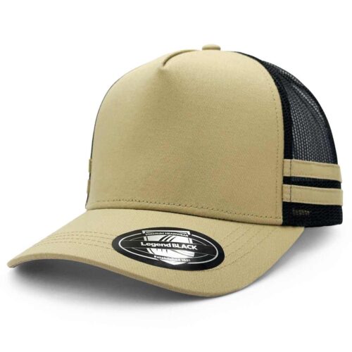 7050 Striped Trucker Cap (Khaki,Black,Khaki,Khaki)