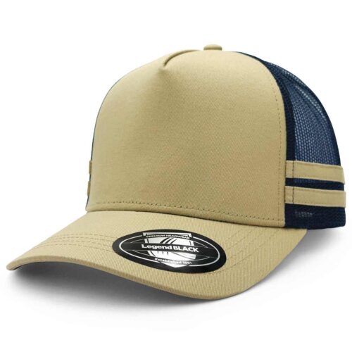 7050 Striped Trucker Cap (Khaki,Navy,Khaki,Khaki)