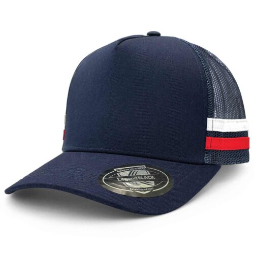 7050 Striped Trucker Cap (Navy,Navy,White,Red)