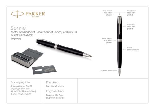 1950792 Parker Sonnet Ballpoint Metal Pen Lacquer Black Palladium CT 5