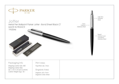 1953346 Parker Jotter Metal Ballpoint Pen Bond Street Black CT 5