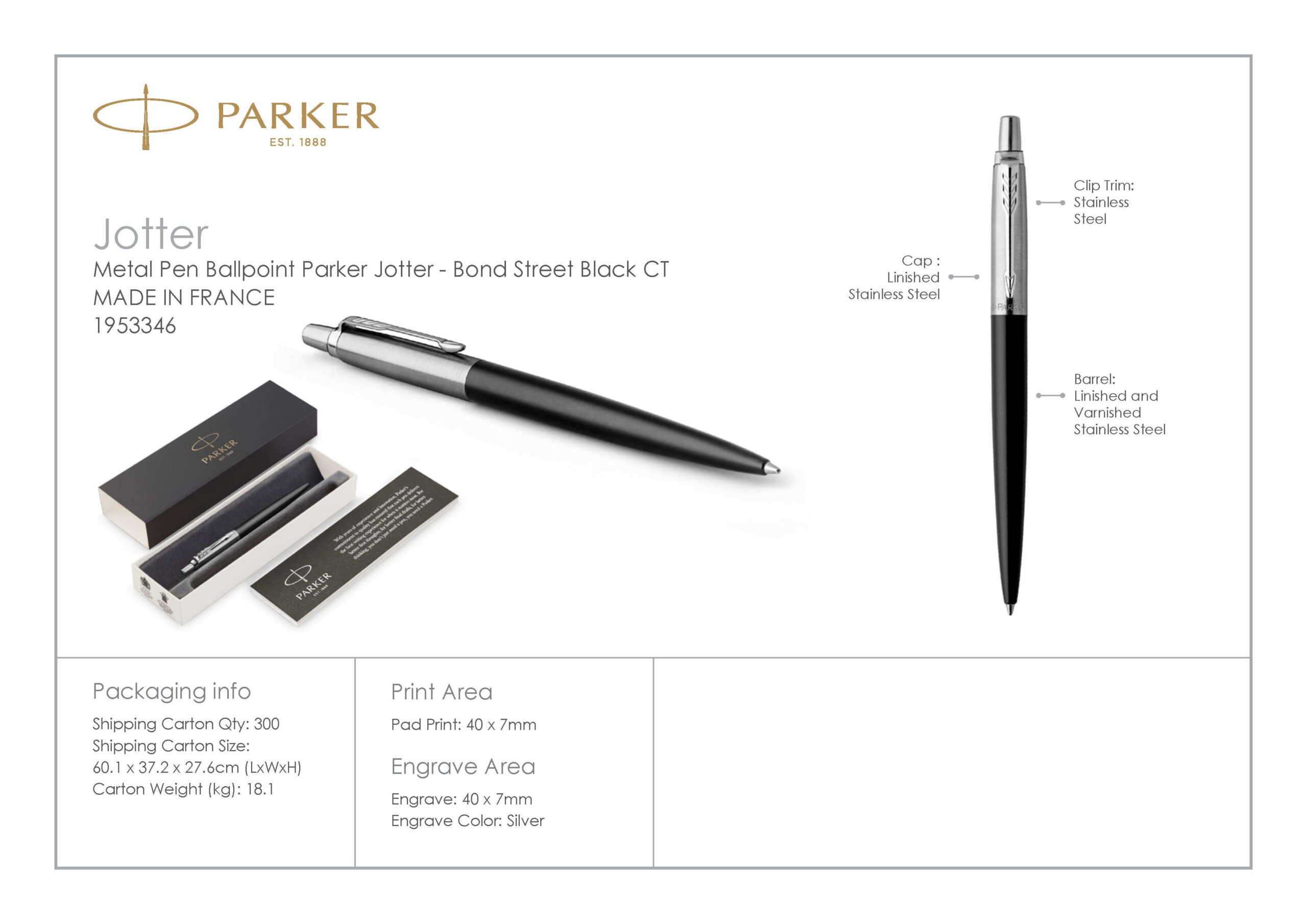Parker Jotter Metal Ballpoint Pen Bond Street Black CT 5 1953346 Parker Jotter Metal Ballpoint Pen Bond Street Black CT 5