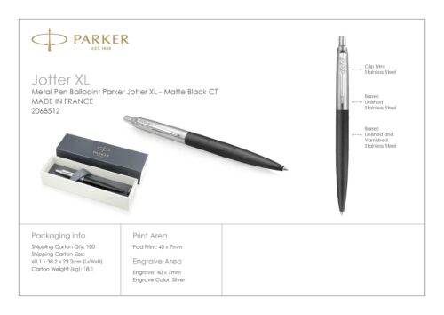 2068512 Parker Jotter XL Ballpoint Metal Pen Matte Black CT 6