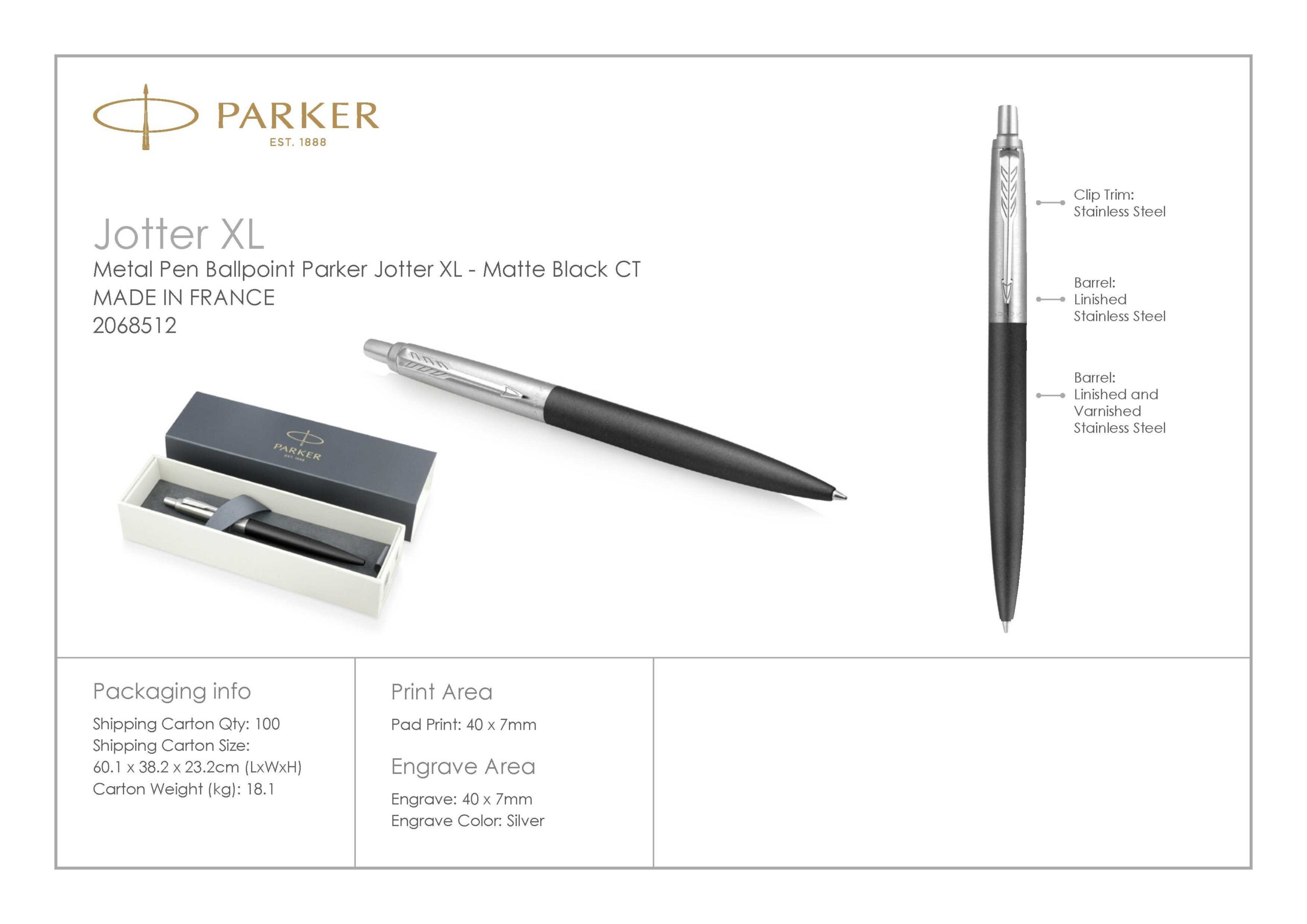 Parker Jotter XL Ballpoint Metal Pen Matte Black CT 6 2068512 Parker Jotter XL Ballpoint Metal Pen Matte Black CT 6