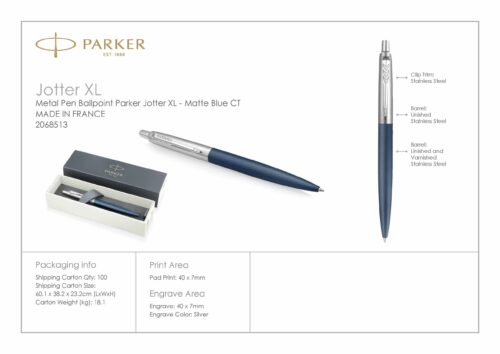 2068513 Parker Jotter XL Ballpoint Metal Pen Matte Blue CT 6