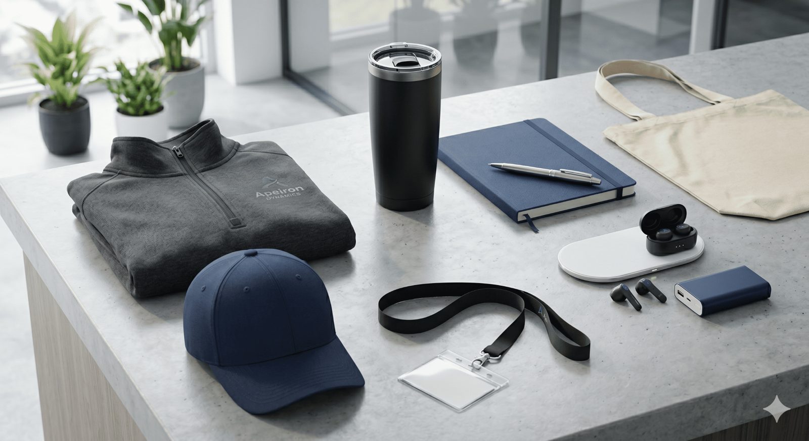 Corporate merchandise for events including a branded jacket, cap, tumbler, notebook, lanyard, tote bag and tech accessories