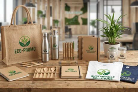 Eco-friendly promotional products including a jute bag, stainless steel bottles, bamboo pens, kraft notebooks and organic cotton t-shirts