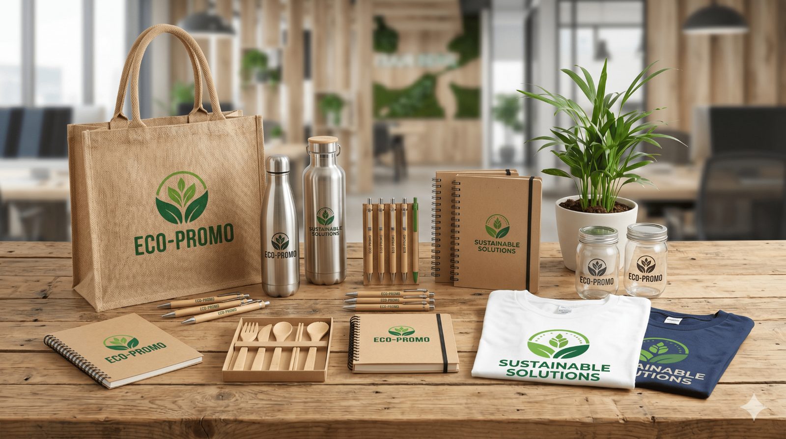 Eco-friendly promotional products including a jute bag, stainless steel bottles, bamboo pens, kraft notebooks and organic cotton t-shirts